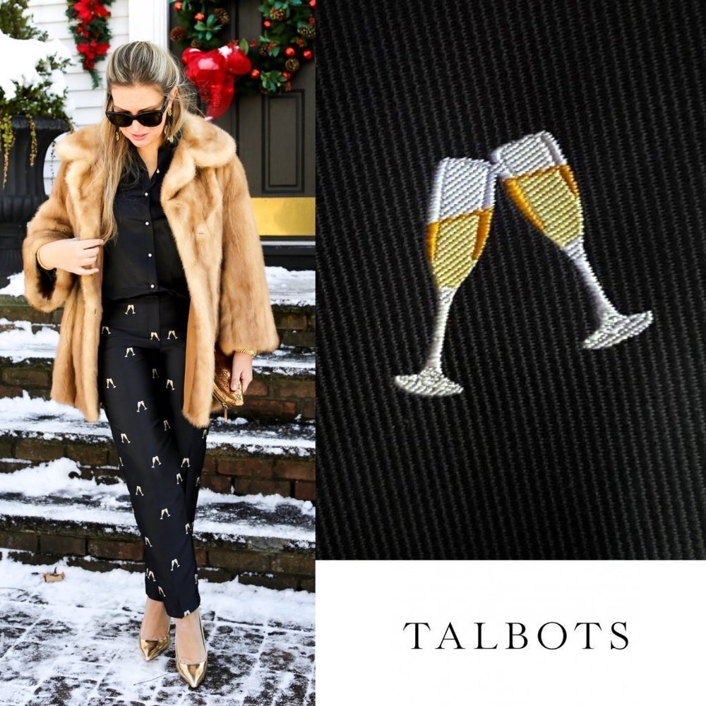 NWT New Years Champagne Glass RSVP by Talbots Jacquard Black/Gold Satin Pants 14
